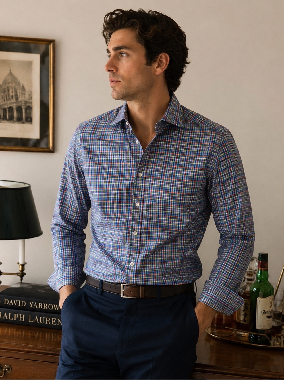 Eton Contemporary Multicolor Check Dress Shirt 17.5 French Cuff 100% Cotton